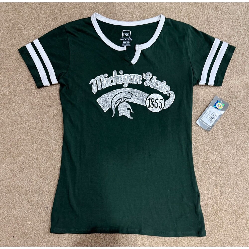 Michigan State Spartans MSU Green V Neck T Shirt NCAA College Football Pro Edge
